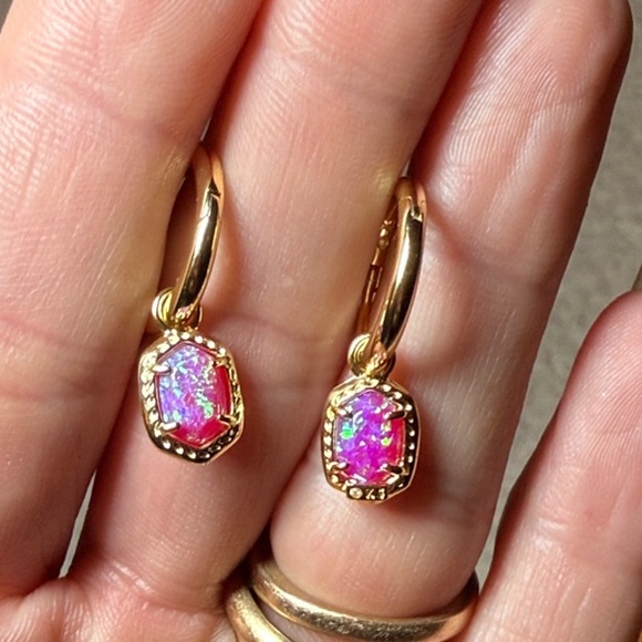 Elegant Gold and Pink Opal Earrings - Picture 2 of 5